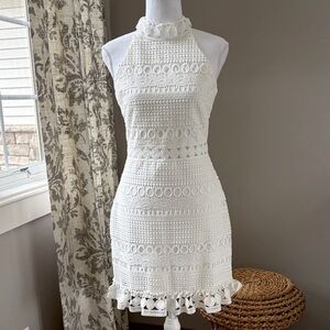 White Crochet Halter Mini Dress